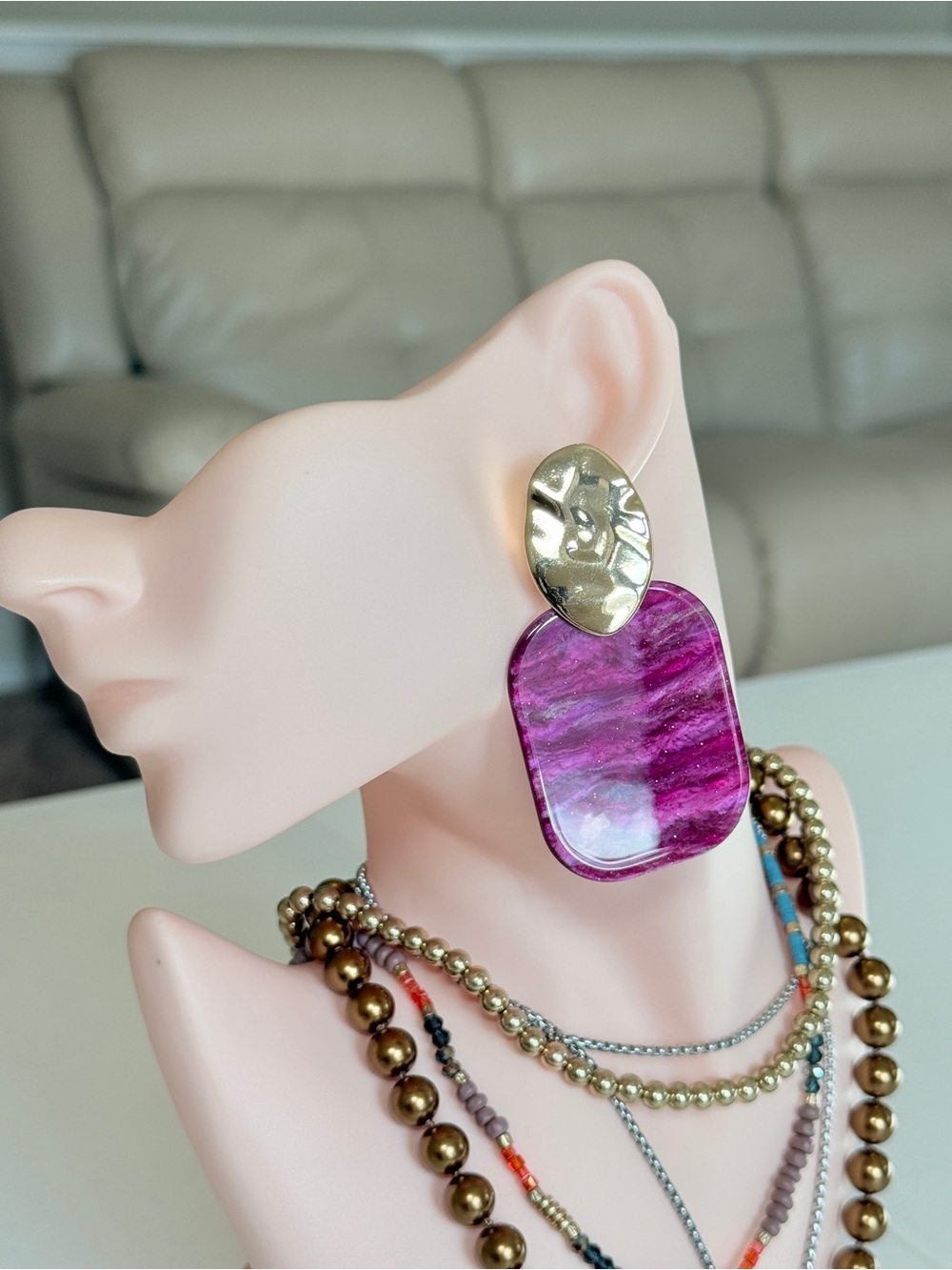 Gold & Purple Statement Drop Earrings - Women Jewelry